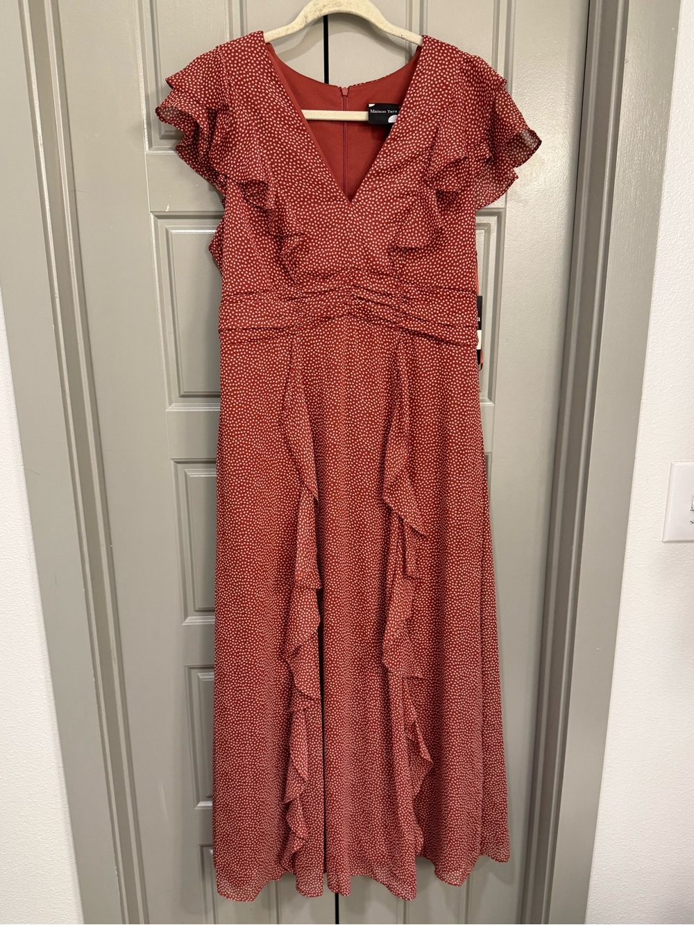 Maison Tara Rust Red Ruffled Maxi Dress - Size 10